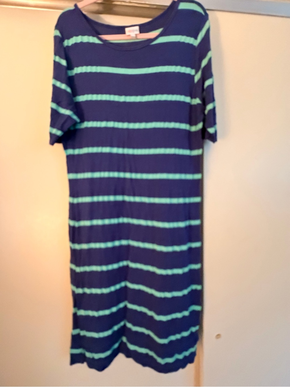 LuLaRoe Navy and Aqua Striped Short-Sleeve Midi Dress